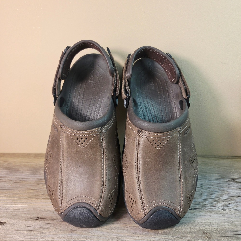 Crocs Swift Water Men Size 7 Brown Leather Clogs Adjustable Strap Sandals Shoes